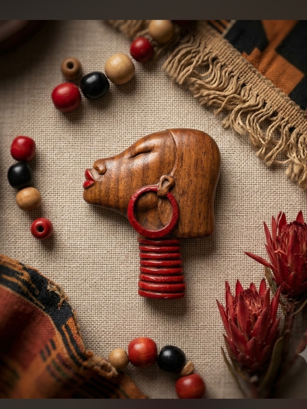 Vintage Hand-Carved Wooden Statement Brooch: African Woman Art Piece